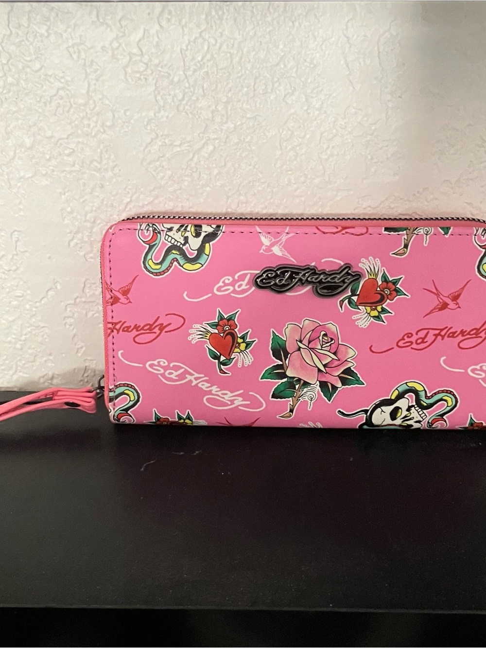 Ed Hardy Pink Floral Tattoo Zip-Around Wallet